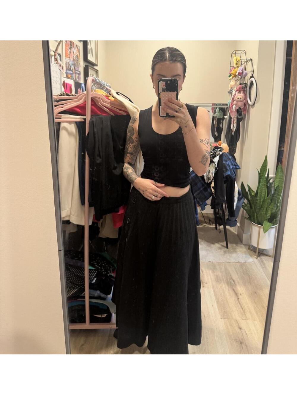 Zara Charcoal Gray Pleated Midi Skirt Button Detail Dark Academia Size M